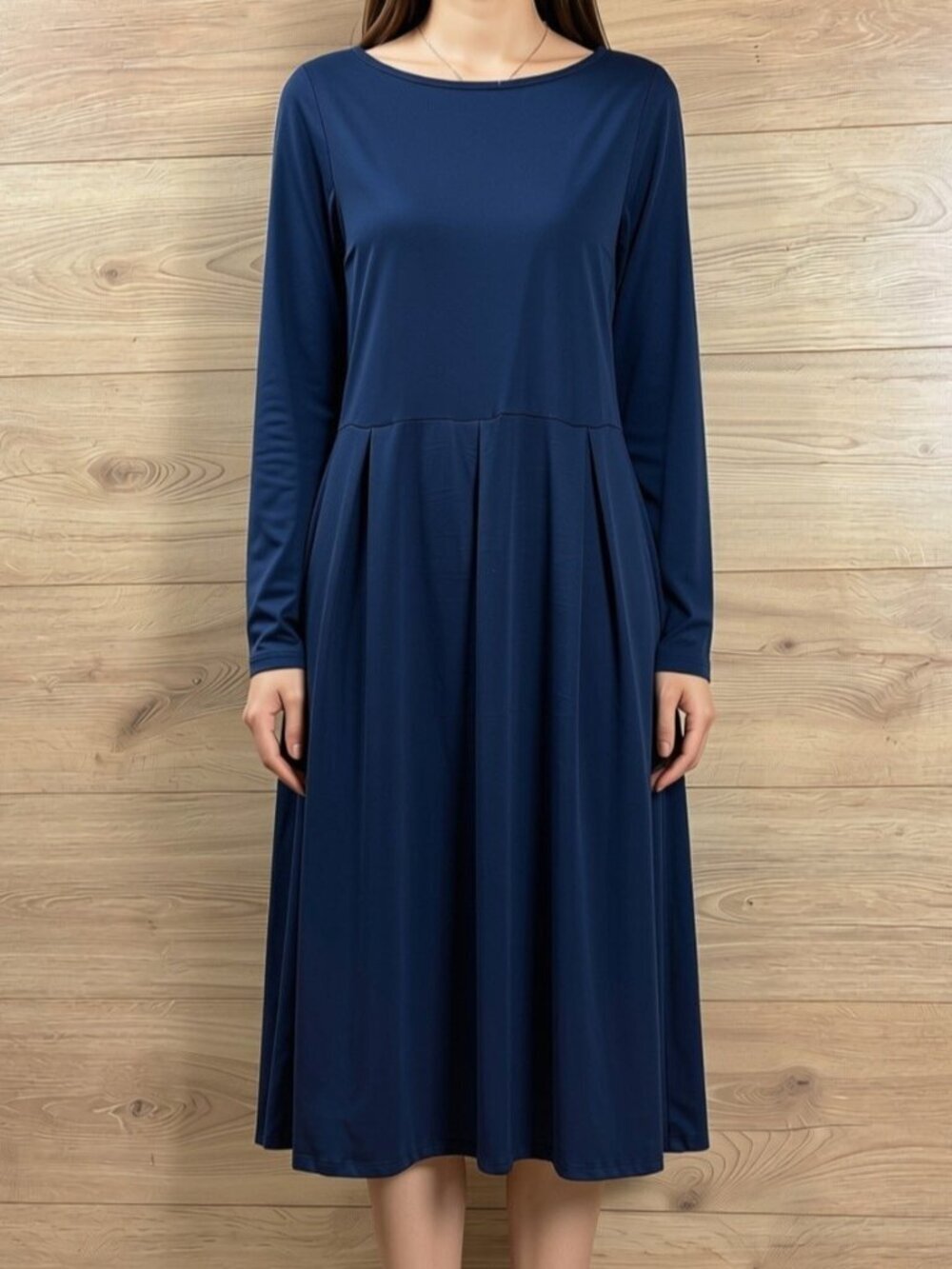 24Seven Comfort Apparel Classic Navy Long-Sleeve A-Line Dress